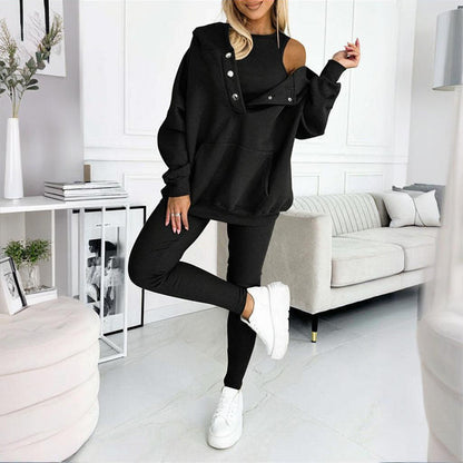 Women's Solid Color 3-Piece Set Sleeveless Vest & Hooded Button Placket Long Sleeve Sweatshirt & Slim Fit Pants Sporty Casual Outfit