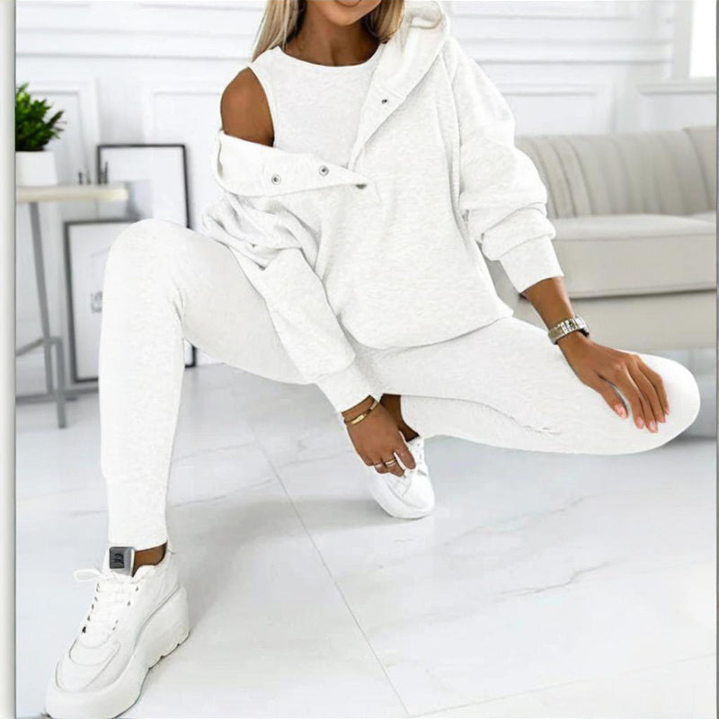 Women's Solid Color 3-Piece Set Sleeveless Vest & Hooded Button Placket Long Sleeve Sweatshirt & Slim Fit Pants Sporty Casual Outfit