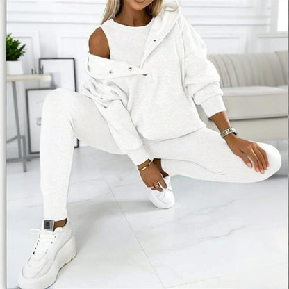Women's Solid Color 3-Piece Set Sleeveless Vest & Hooded Button Placket Long Sleeve Sweatshirt & Slim Fit Pants Sporty Casual Outfit