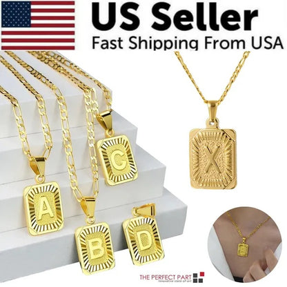 Gold Plated Initial Letter Pendant Necklace Stainless Steel Figaro Chain