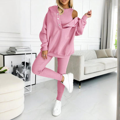Women's Solid Color 3-Piece Set Sleeveless Vest & Hooded Button Placket Long Sleeve Sweatshirt & Slim Fit Pants Sporty Casual Outfit