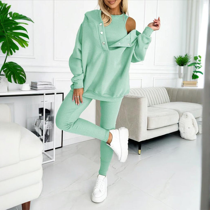 Women's Solid Color 3-Piece Set Sleeveless Vest & Hooded Button Placket Long Sleeve Sweatshirt & Slim Fit Pants Sporty Casual Outfit