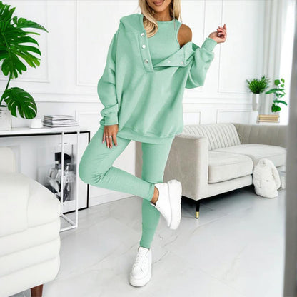 Women's Solid Color 3-Piece Set Sleeveless Vest & Hooded Button Placket Long Sleeve Sweatshirt & Slim Fit Pants Sporty Casual Outfit