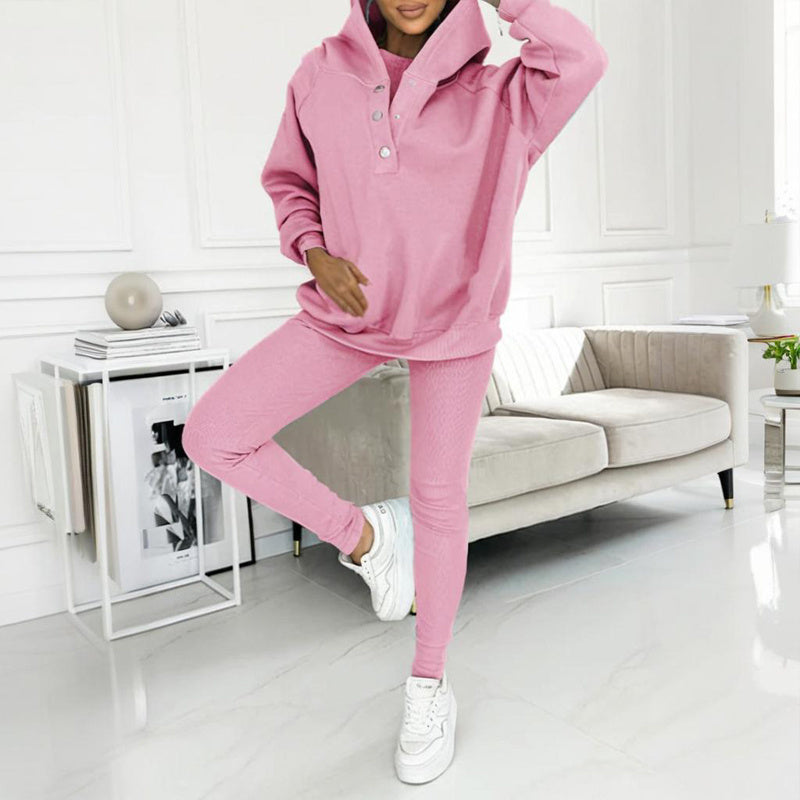 Women's Solid Color 3-Piece Set Sleeveless Vest & Hooded Button Placket Long Sleeve Sweatshirt & Slim Fit Pants Sporty Casual Outfit
