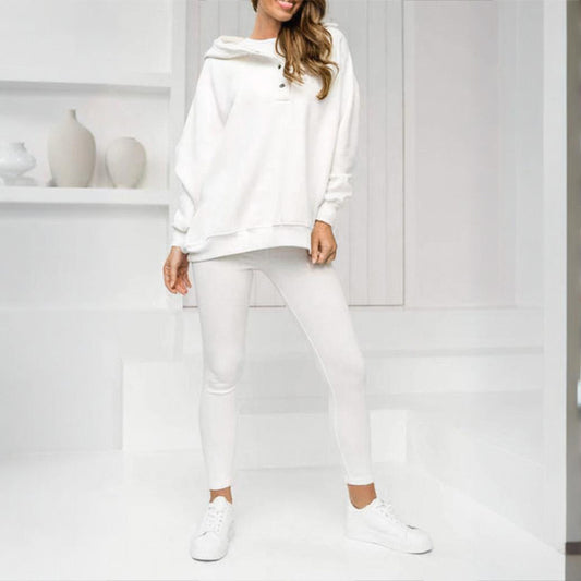 Women's Solid Color 3-Piece Set Sleeveless Vest & Hooded Button Placket Long Sleeve Sweatshirt & Slim Fit Pants Sporty Casual Outfit