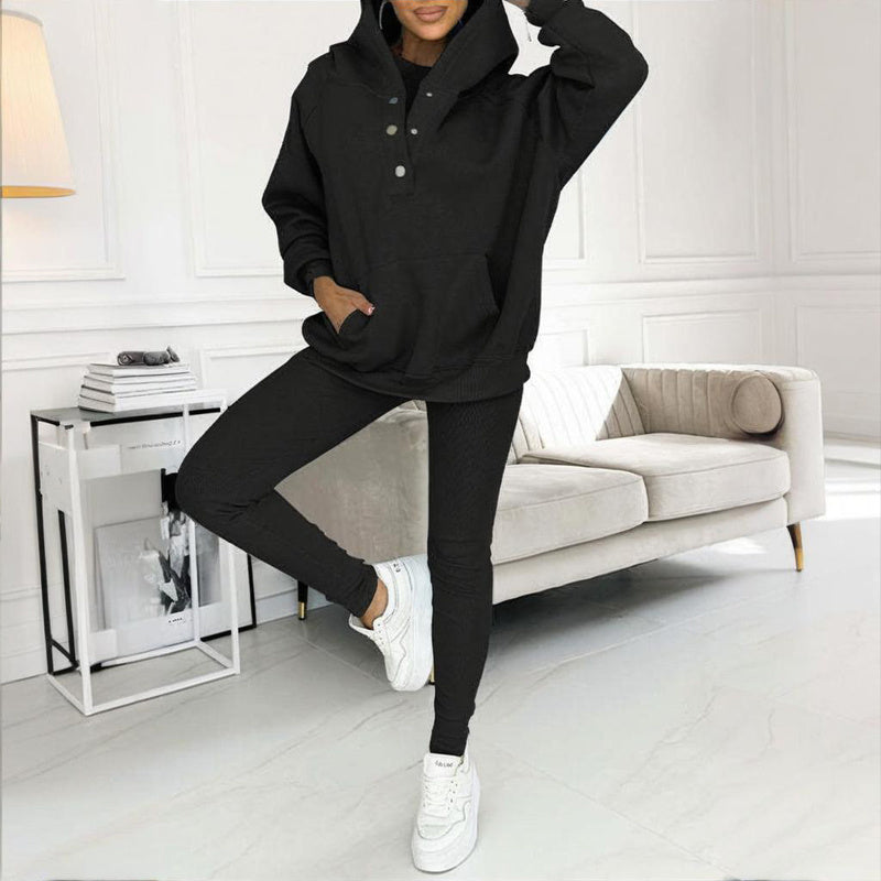 Women's Solid Color 3-Piece Set Sleeveless Vest & Hooded Button Placket Long Sleeve Sweatshirt & Slim Fit Pants Sporty Casual Outfit