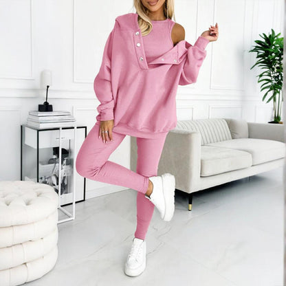 Women's Solid Color 3-Piece Set Sleeveless Vest & Hooded Button Placket Long Sleeve Sweatshirt & Slim Fit Pants Sporty Casual Outfit