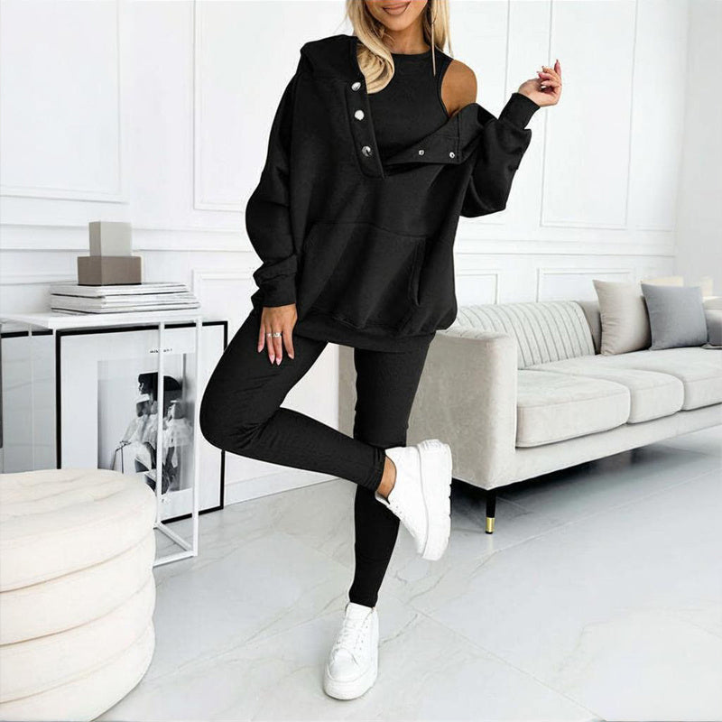 Women's Solid Color 3-Piece Set Sleeveless Vest & Hooded Button Placket Long Sleeve Sweatshirt & Slim Fit Pants Sporty Casual Outfit