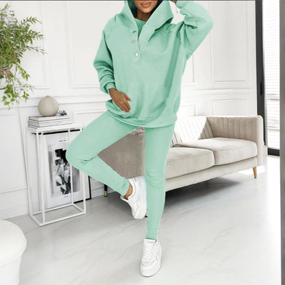 Women's Solid Color 3-Piece Set Sleeveless Vest & Hooded Button Placket Long Sleeve Sweatshirt & Slim Fit Pants Sporty Casual Outfit