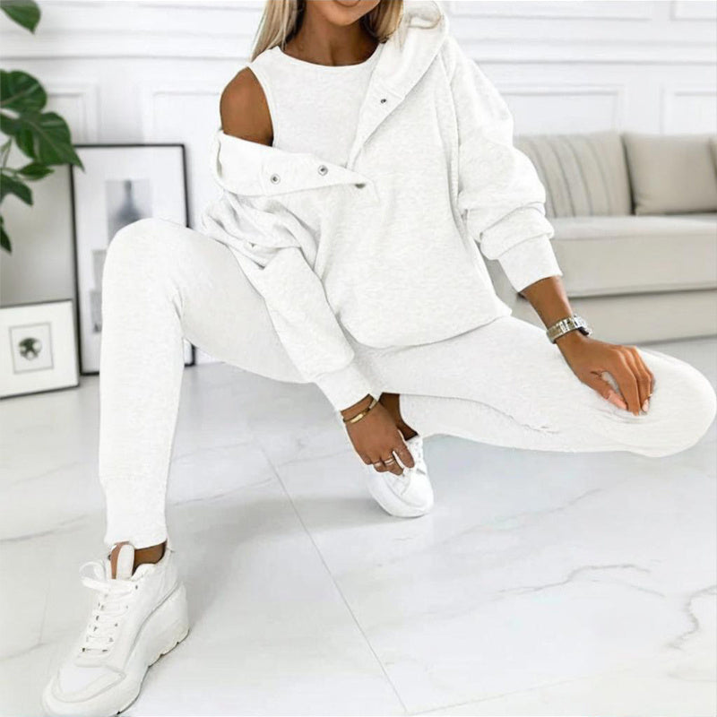 Women's Solid Color 3-Piece Set Sleeveless Vest & Hooded Button Placket Long Sleeve Sweatshirt & Slim Fit Pants Sporty Casual Outfit