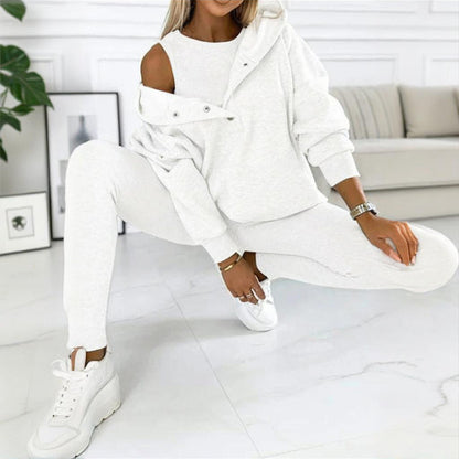 Women's Solid Color 3-Piece Set Sleeveless Vest & Hooded Button Placket Long Sleeve Sweatshirt & Slim Fit Pants Sporty Casual Outfit